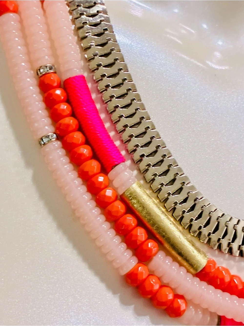 Layered Pink & Coral Beaded Statement Necklace with Gold Accents